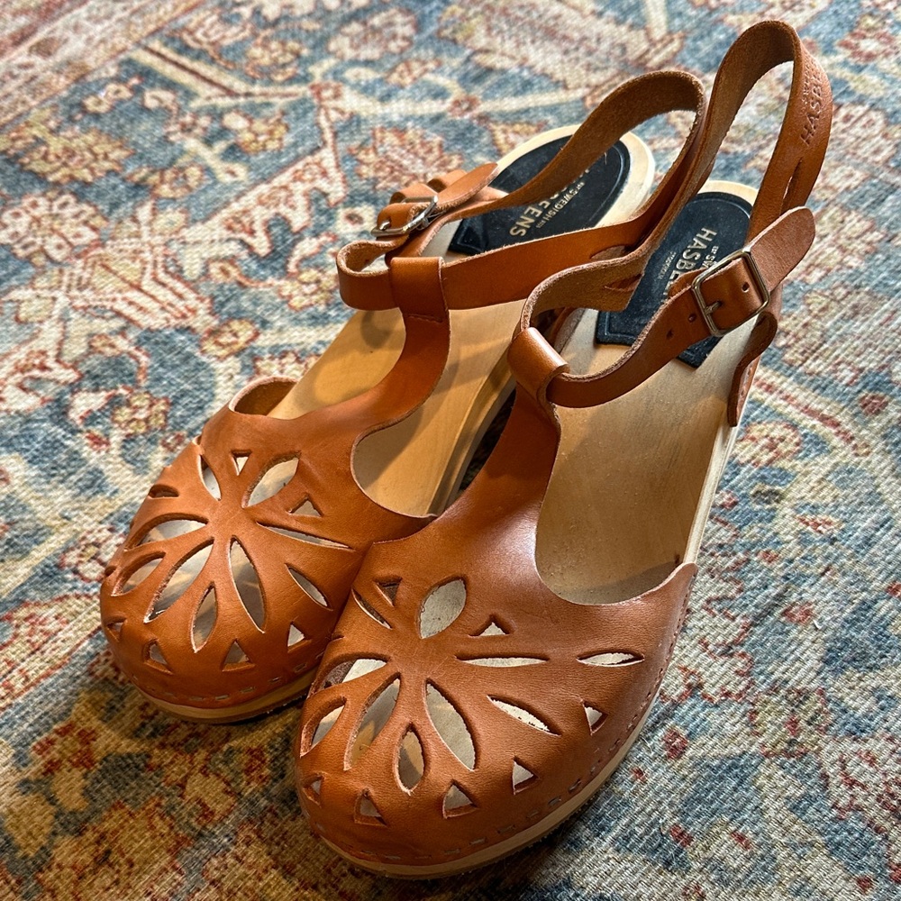 Swedish Hasbeens Tan Leather Mule Sandals- worn once 40/41
